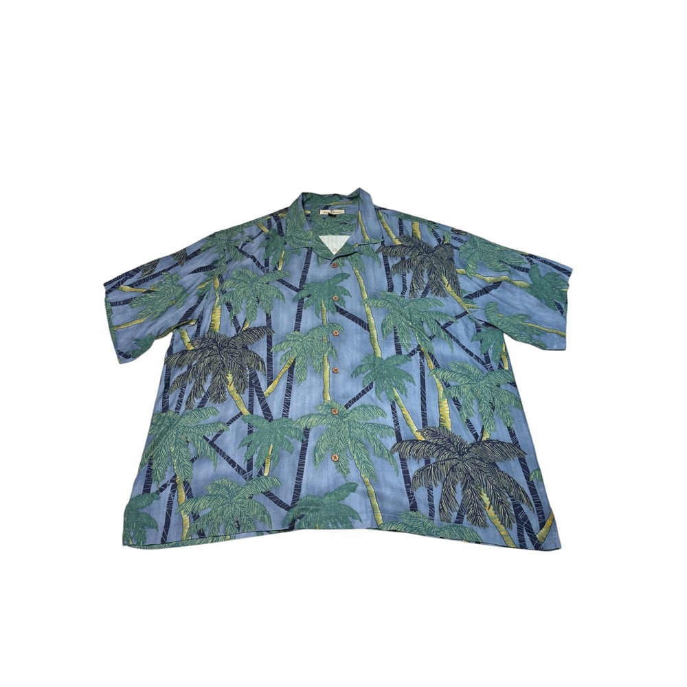 Tommy Bahama Mens XXL Hawaiian Blue Silk Palm Tree Tropical Shirt Short Sleeve